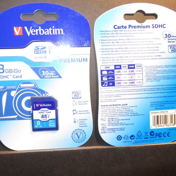 Verbatim 96318 Class 10 SDHC Memory Card 8GB UPC 0023942963189 NIB NEW box of 4 - Picture 1 of 6